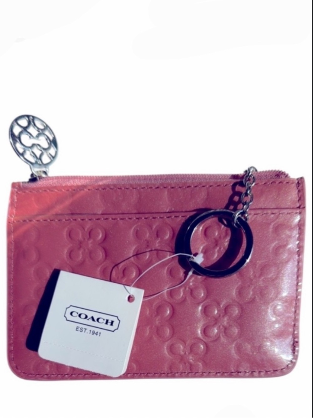 NWT Coach Rose Pink Embossed Zipper Pouch w/Attached Key Chain